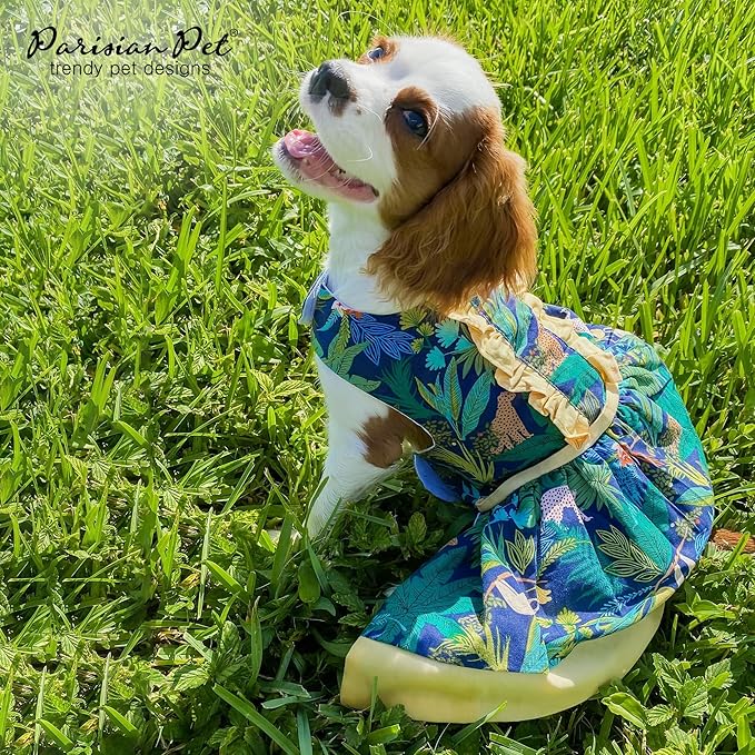 Parisian Pet Amazonia Dog Dress - Summer Clothes for Medium Dogs Girl - Tropical Pet Dress - Beach Dog Outfit - Lightweight Puppy Clothes - Jungle Print Dresses for Dogs - Female Dog Apparel