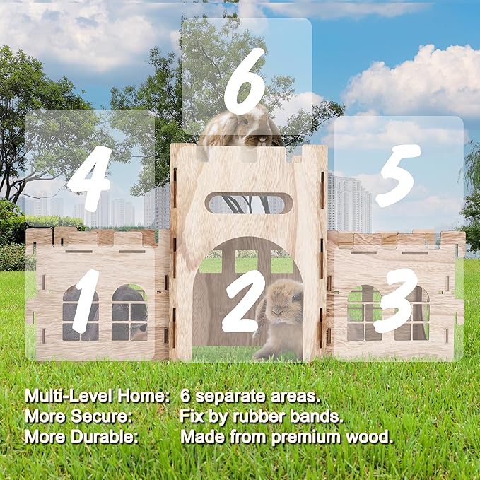 HIIMALEX Extra Large Bunny Castles Hideout Split Balcony for Indoor Bunnies Climbing Tower with Tunnel Sturdy House for Rabbits Ferrets Guinea Pigs Hamsters Ventilated Enrichment Toys Habitat