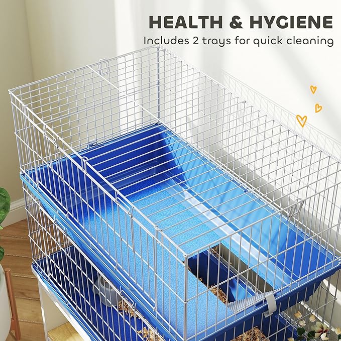 PawHut 2-Tier Guinea Pig Cage, Ferret Cage, Chinchilla Cage, Small Animal Cage Indoor with Dish and Bottle, 2 Doors, Deep Bottoms, Ramp, 28", Blue