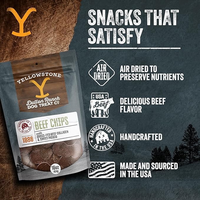 Yellowstone Limited Ingredient Dog Jerky – Air Dried Beef Collagen Chips – Crunchy & Chewy Texture – Single Protein – Made in USA – 16 oz