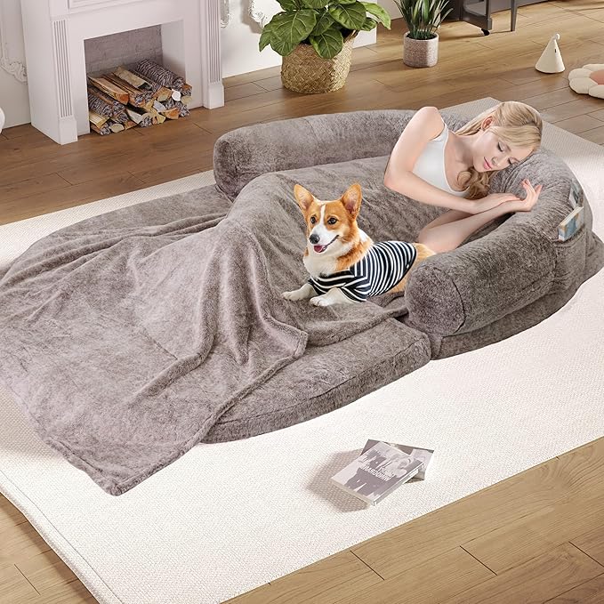 2 in 1 Foldable Human & Dog Bed, 72"x48"x11" Extra Large Orthopedic Memory Foam Bed for Adults & Pets, Ultimate Comfort Washable Fur & Blanket, Brown