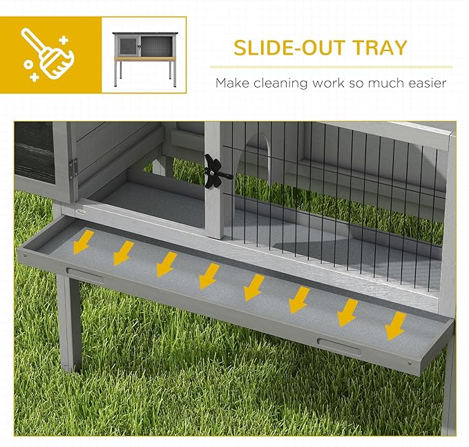 PawHut Elevated Wooden Rabbit Hutch, Indoor/Outdoor Bunny Cage with Hinged Asphalt Roof and Removable Tray for Guinea Pig, Gray