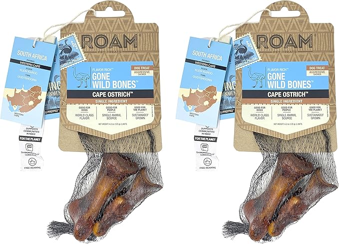 ROAM Pet Treats Small Ostrich Dog Chew, Dog Treat – Long Lasting Ostrich Bones for Dogs, Small to Medium Breeds (Pack of 2)