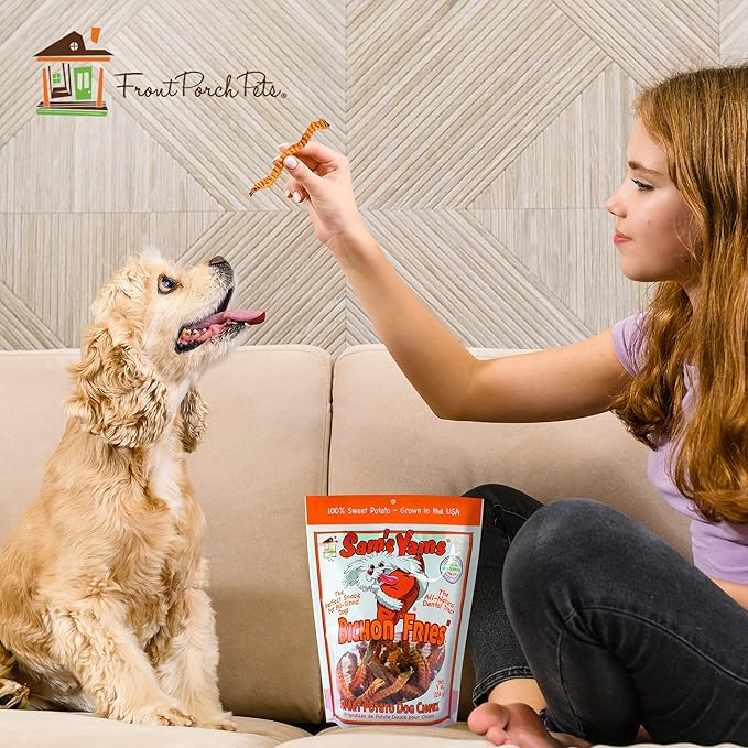 Sams Yams Sweet Potato Dog Treats, Healthy Dog Treats for Small & Medium Dogs, Sweet Potato Dog Treats Made in USA, High Fiber, Vegan Dental Chews - Bichon Fries, Sweet Potato Dog Chewz, 9oz (1 Pack)