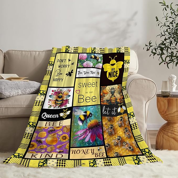 Bee Throw Blanket Bee Stuff Gifts for Kids Girls Boys Adults Women Men Soft Cozy Warm Plush Fluffy Fuzzy Fleece Blanket Decor 60''X80''