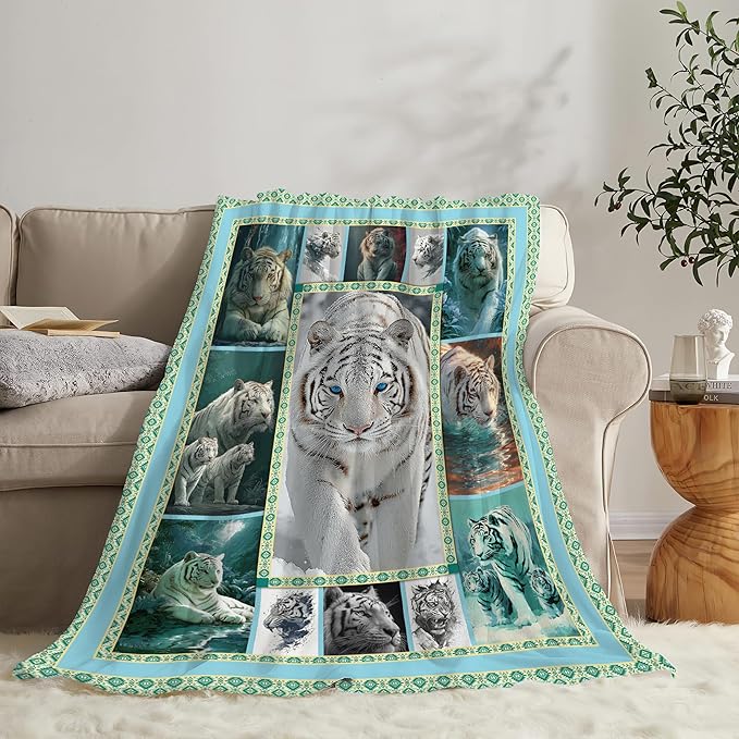 White Tiger Throw Blanket White Tiger Stuff Gifts for Kids Girls Boys Adults Women Men Soft Cozy Warm Plush Fluffy Fuzzy Fleece Blanket Decor 50''X60''