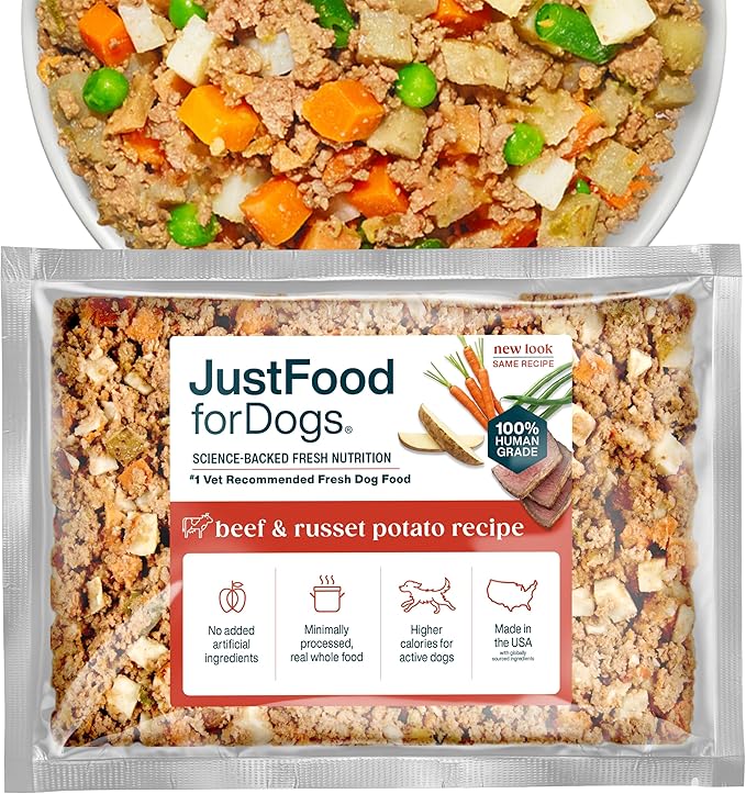 JustFoodForDogs Frozen Fresh Dog Food, Complete Meal or Dog Food Topper, Beef & Russet Potato Human Grade Dog Food Recipe, 72 oz (Pack of 7)