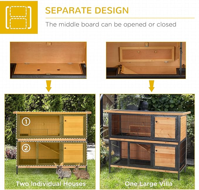 PawHut 48" 2-Story Large Rabbit Hutch Bunny Cage Wooden Pet House Metal Frame with Rooms, Ramp, No Leak Tray, Feeding Trough, Waterproof Asphalt Roof for Rabbits, Chickens, Ducks, Outdoor/Indoor