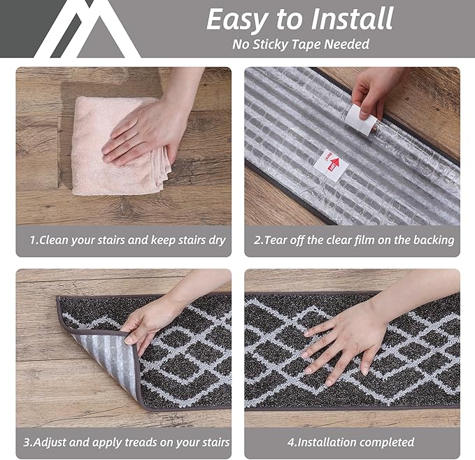 COSY HOMEER Soft Stair Treads 15pcs Non-Slip Carpet Mat 28inX9in Indoor Stair Runners for Wooden Steps,Stair Rugs for Kids and Dogs, 100% Polyester TPE Backing Black,Rhombus