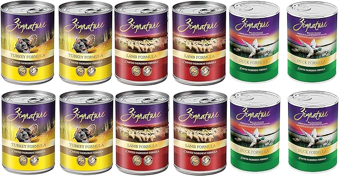 (12 Pack) Zignatur Grain-Free Canned Dog Food 3 Flover (4 Lamb, 4 Duck, 4 Turkey) 13 Ounces Per Can