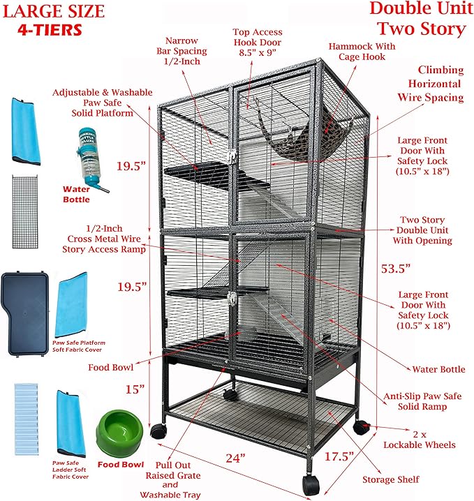 Deluxe Large Double Unit Two Story 4-Level Durable Front Doors Chew-Free Feisty Ferret Hammock Squirrel Chinchilla Small Animal Critter Wrought Iron Cage Tight 1/2-inch Bar Spacing Rolling Stand