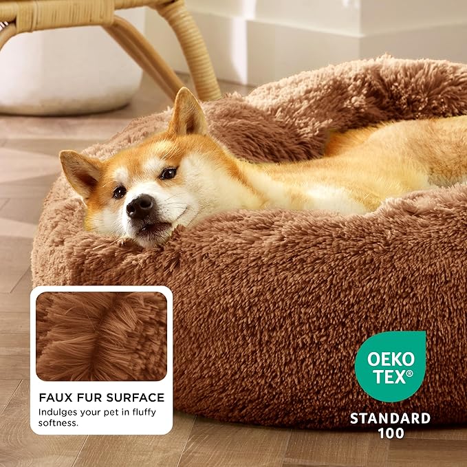 Bedsure Calming Dog Bed for Medium Dogs - Donut Washable Medium Pet Bed, 30 inches Anti-Slip Round Fluffy Plush Faux Fur Cat Bed, Fits up to 45 lbs Pets, Copper