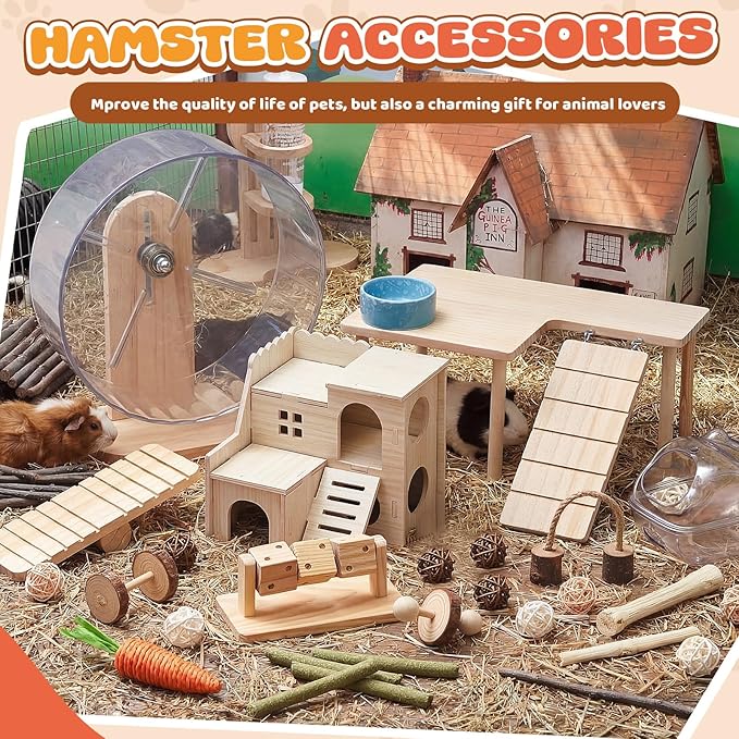 40 Pcs Hamster Cage Accessories, 9.5'' Exercise Wheel, Wood Platform Hideout House, Water Bottle, Sand Bath, Bowl, Chew Toys for Syrian Hamsters Mice Gerbils Habitat Decor(Interactive Style)