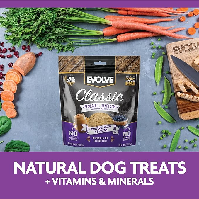Evolve Classic Small Batch Oven Baked with Peanut Butter and Blueberry Biscuits Dog Treats, 16oz