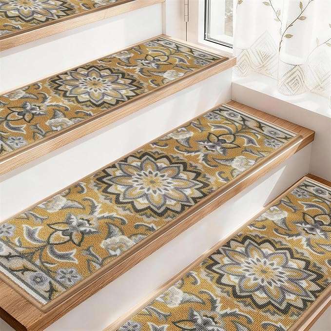 COSY HOMEER-Stair-Treads-for-Wooden-Steps Washable Indoor Stair Treads Non Slip 8" X 30" Soft Stair Carpet Treads Reusable Peel and Stick Stair Runner Rug for Kids, Elders and Pets 15pcs