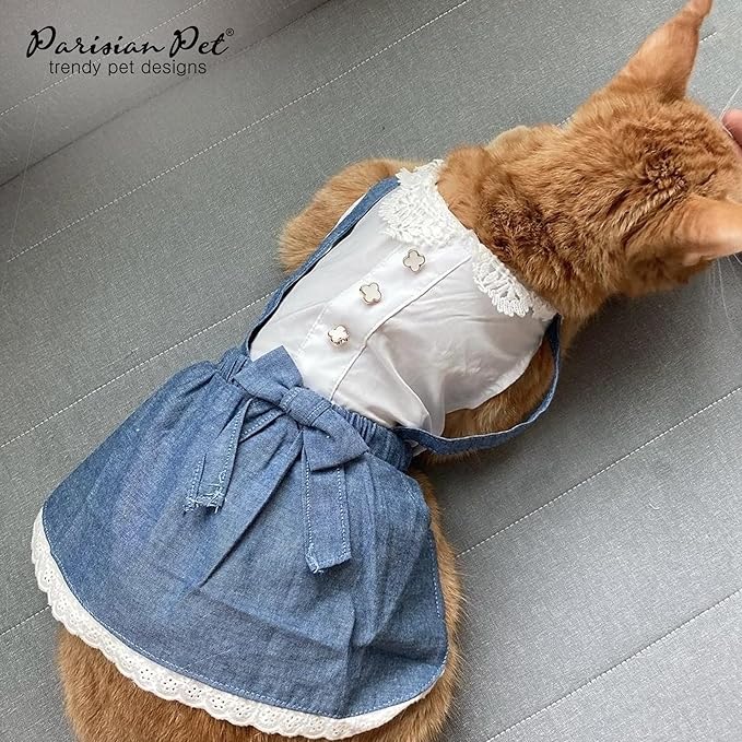 Parisian Pet Chambray Overall Dog Dress - Summer Clothes for Medium Dogs Girl - Blue Denim Pet Dress - Designer Dog Overalls - Lightweight and Breathable Puppy Clothes - Dresses for Dogs