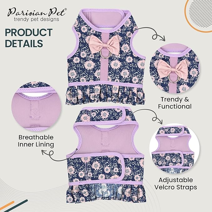 Parisian Pet Floral Dog Harness Dress - Breathable No Pull Puppy Dress with Leash Ring - 100% Mesh Fabric Harnesses for Dogs - Soft Padded Step in Pet Vest - All Weather Dog Harness Small Sized Dogs