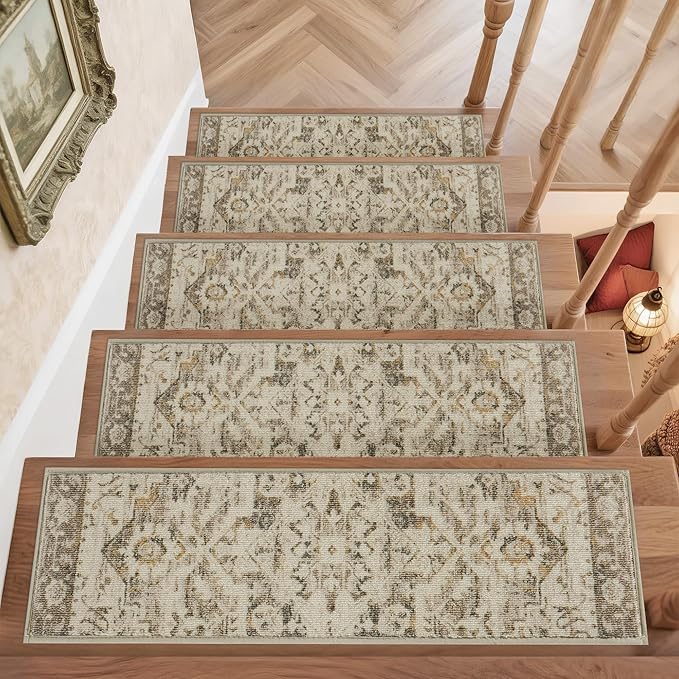 COSY HOMEER Stair Treads for Wooden Steps Washable Non Slip Stair Treads 8" X 30" Soft Stair Carpet Treads Reusable Indoor Stair Runner Rug for Kids, Elders and Pets 15pcs