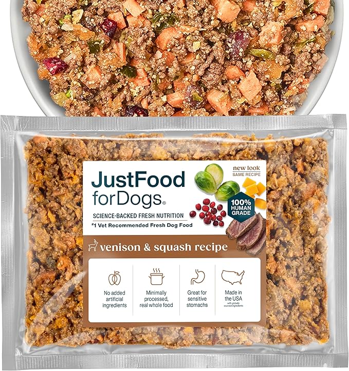 JustFoodForDogs Frozen Fresh Dog Food, Complete Meal or Topper, Venison & Squash Human Grade Dog Food Recipe, 72 oz (Pack of 7)