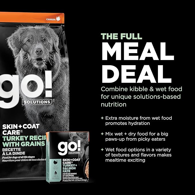 Go! Solutions Skin + Coat Care Turkey Dry Dog Food with Grains, Chicken-Free, Healthy Kibble with Omega-3s & 6s for Soft, Shiny Fur, for Puppies, Adults, & Seniors, 3.5 lb Bag