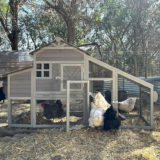Aivituvin Chicken Coop Mobile Chicken House on Wheels Expandable Wooden Poultry Cage with Large Nesting Box Leakproof Pull-Out Tray Rabbit Hutch Bunny Cage,UV-Resistant Roof (Grey，AIR32)