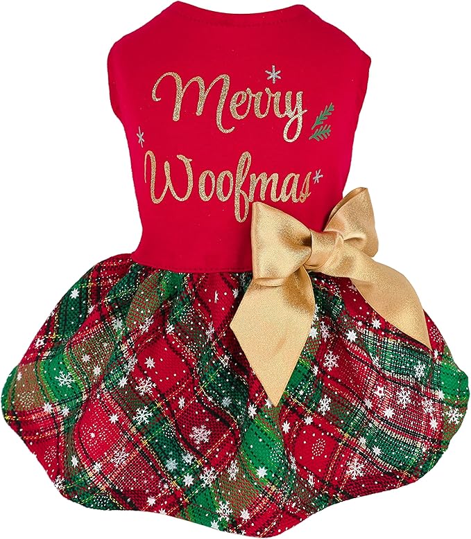 Fitwarm Merry Woofmas 100% Cotton Dog Christmas Outfits Girl Dog Holiday Dress Lightweight Doggie Costume Puppy Clothes Pet Apparel with Bowknot Cat Clothing Red XXS