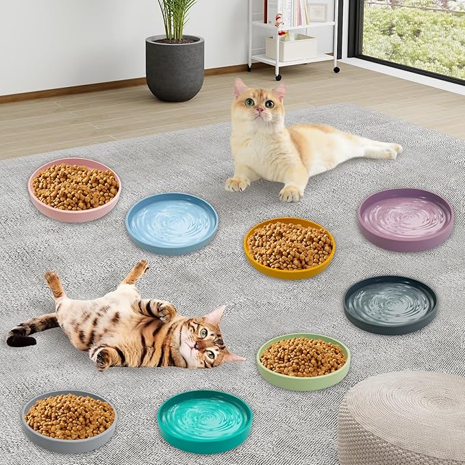 Silicone Cat Food Bowls Shallow Cat Dishes 5.9in Wide Pet Plates Set of 2 Small Flat Dog Saucer Bowl Cute Whisker Fatigue Kitten Feeding Dish for Dry & Wet Food (Round Dark Grey)