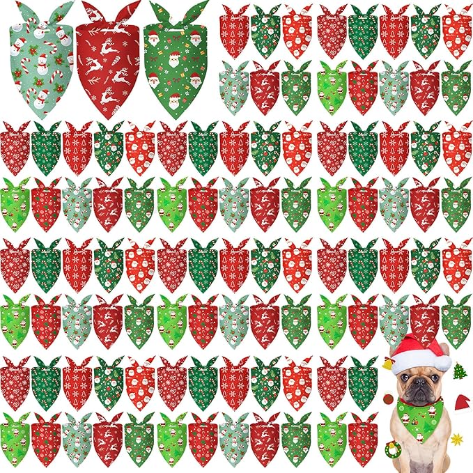 Shyyween 100 Pcs Christmas Dog Bandanas Bulk Xmas Santa Snowflakes Bandanas Adjustable Soft Bibs Triangle for Small Medium Large Pets Holiday Party Costume