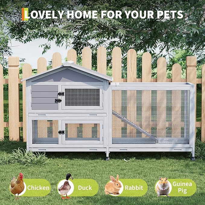 GarveeLife Rabbit Hutch with Weatherproof Asphalt Roof, Bunny Hutch with Wheels & Pull-Out Tray, Rabbit Cage Guinea Pig Cages for Small to Medium Animals, Indoor Outdoor Use, Grey