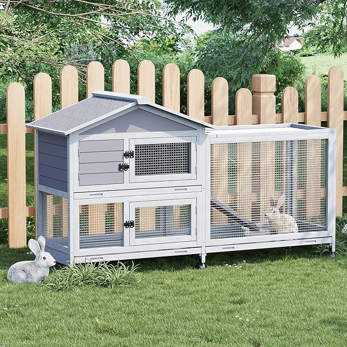 GarveeLife Rabbit Hutch with Weatherproof Asphalt Roof, Bunny Hutch with Wheels & Pull-Out Tray, Rabbit Cage Guinea Pig Cages for Small to Medium Animals, Indoor Outdoor Use, Grey