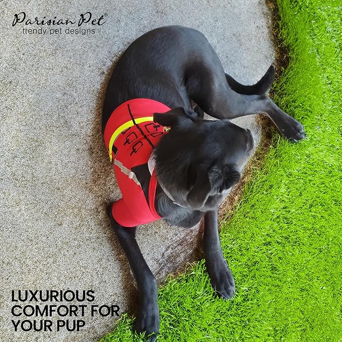 Parisian Pet Dog Costume - 100% Cotton Firefighter Dog Clothes for Medium Dogs - Lightweight Puppy Outfits - Funny Schitzu Clothes - Sleeved Red Shirt for Dogs - Stretchy and Stylish Pet Costume