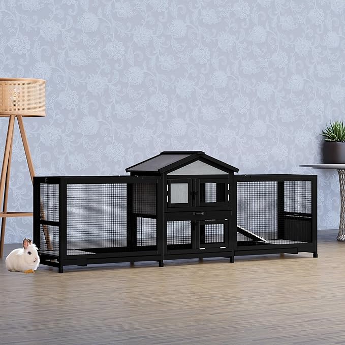89" Wooden Rabbit Hutch Bunny Cage Pet Playpen House Enclosure with Double Side Run Boxes, Ramp, for Guinea Pig and Small Animals, Black