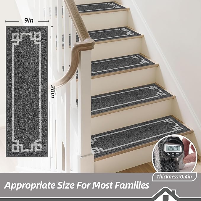 BEQHAUSE Stair Treads for Wooden Steps Non Slip Washable Carpet Stair Treads with Reusable Residue Free Backing Soft Polyester Stair Mats Indoor for Kids Elders and Dogs 9”x28”,4pcs,Dark Grey