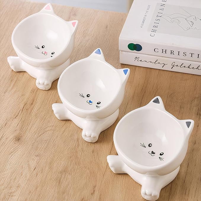Raised Cat Bowl, 4.9 Inch Ceramic 3D Elevated Cat Food Bowl and Water Bowls, Cute Kitten Dishes 4.5 OZ, Anti-Vomiting & Whisker Fatigue Friendly, Stress-Free for Indoor Cats, 1 Piece