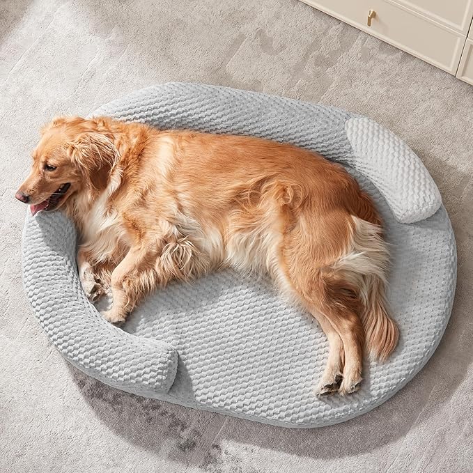 JOEJOY Orthopedic Dog Beds Large Sized Dog, Washable Waterproof Oval Large Dog Bed with Removable Cover, Big Egg-Crate Memory Foam Pet Bed with Bolster Sides & Non-Skid Bottom, Light Grey, 36''x27''