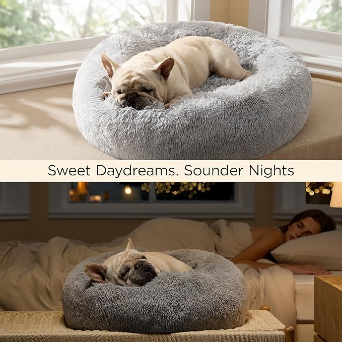 Bedsure Calming Dog Bed for Small Dogs - Donut Washable Small Pet Bed, 23 inches Anti-Slip Round Fluffy Plush Faux Fur Large Cat Bed, Fits up to 25 lbs Pets, Pale Grey