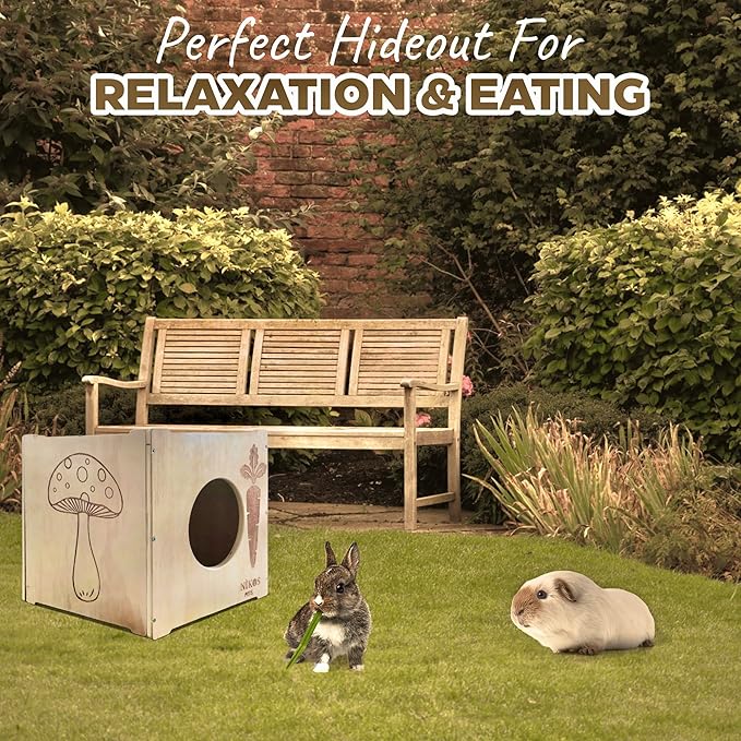 Wooden Rabbit Hideout, Rabbit Bed, Indoor Hutch, Bunny House Pet for Bunnies, Guinea Pigs, Outdoor Shelter Hut, Small Animal Hideaway, Bunny Playground (12.5 x 12.5 in)