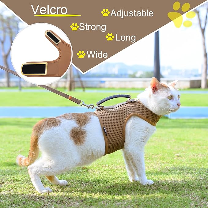 Cat Harness and Leash for Walking Escape Proof Breathable Mesh Fabric, Solid Brown, Extra Large, Adjustable Cat Walking Jackets with Handle, Padded Stylish Cat Vest