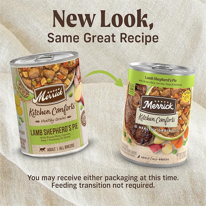 Merrick Kitchen Comforts Healthy Natural Canned Adult Dog Food with Gravy, Shepherd’s Pie with Lamb and Rice - (Pack of 12) 12.7 oz. Cans