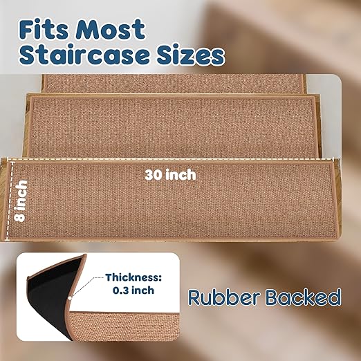 GOYLSER Peel and Sticker Jute Stair Treads Non Slip for Wooden Steps Indoor, 15 Pack Rubber Backed Stair Pads Rug, Removable Khaki Adhesive Staircase Mat Step Cover Traction, Camel