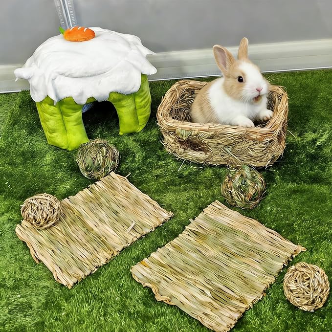 Hamiledyi Bunny Grass House Guinea Pig Grass Bed Hand-Woven Hay Hut Natural Seagrass Balls for Dwarf Rabbit Guinea Pig Chinchilla Ferret Hedgehog