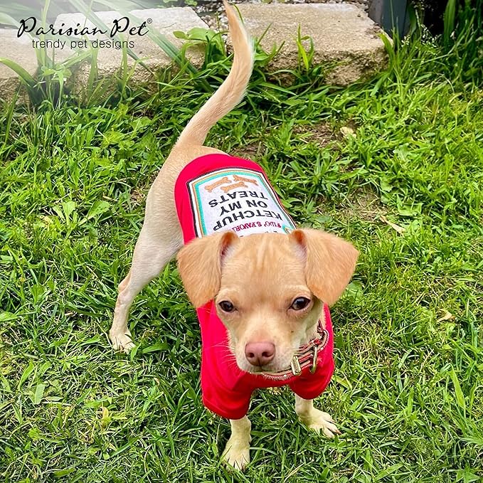 Parisian Pet Dog Shirt - Embroidered “I Put Ketchup on My Treats“ - 100% Cotton and Polyester Doggy Clothes - Sleeved, Lightweight Costume for Dogs - Red Puppy Shirts for Large Dogs - XL