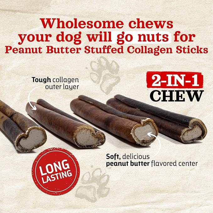 Natural Farm Peanut Butter Stuffed Collagen Sticks for Dogs (6 Inch, 15-Pack), Rawhide-Free Collagen Sticks, Natural Dog Chews, Long Lasting, for Small, Medium and Large Dogs