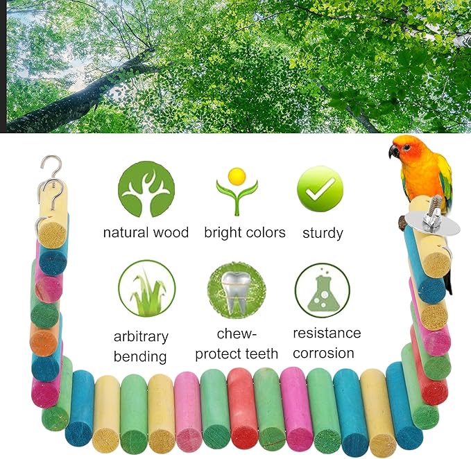 Hamster Bridge, Flexible Bendy Climbing Ladder, Hanging Wooden Hamster Stairs for Small Animals, 15.75" L x 3.15" W, Rainbow Color