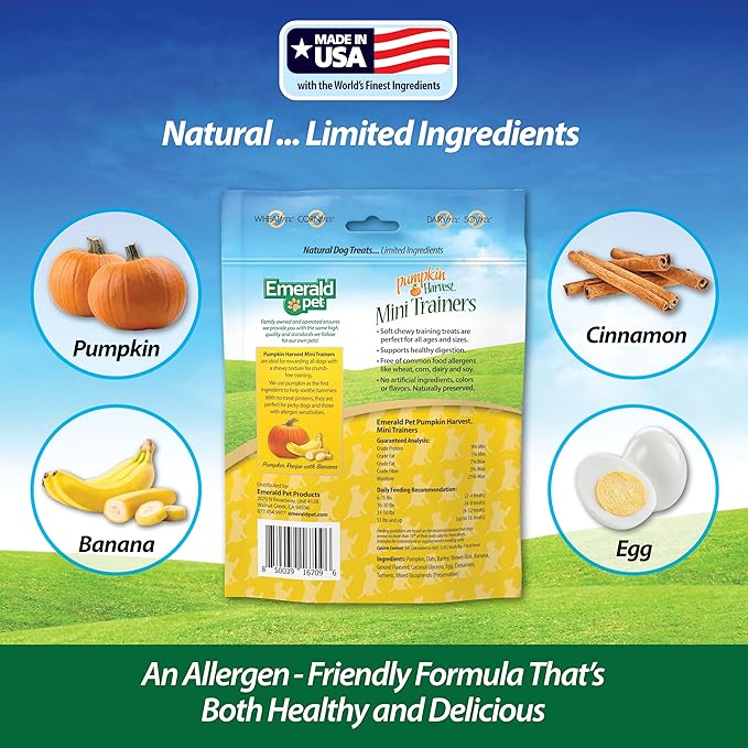 Emerald Pet Pumpkin Harvest Mini Trainers with Banana Chewy Dog Treats Made in The USA, 6oz (Banana Mini)
