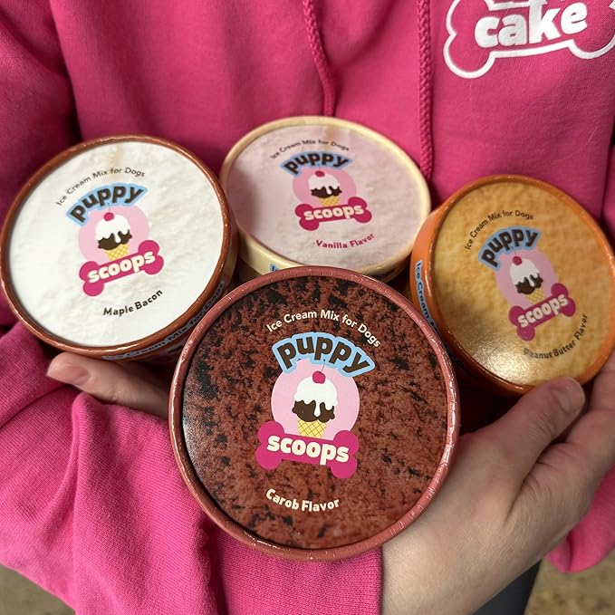 Puppy Scoops Dog Ice Cream Mix Variety Pack, 4 Flavors, 4.65 oz Each – Just Add Water and Freeze at Home, Powder Mix with Ice Cream Cup and Reusable Lid. Made in USA