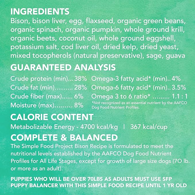 Simple Food Project - Bison Recipe - Freeze Dried Raw Food for Dogs - 48oz