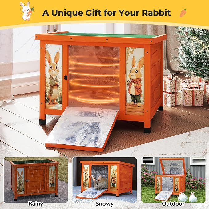 Coziwow 25" Insulated Cat House Bunny Hutch for Outdoor & Indoor Use - Solid Wood Rabbit Cage with Winter Warm Liner, Lightweight Weatherproof Shelter for Cats, Rabbits, Small Animals (Orange)