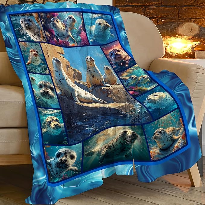 Seal Throw Blanket Ocean Seal Stuff Gifts for Kids Girls Boys Adults Women Men Soft Cozy Warm Plush Fluffy Fuzzy Fleece Blanket Decor 50''X60''