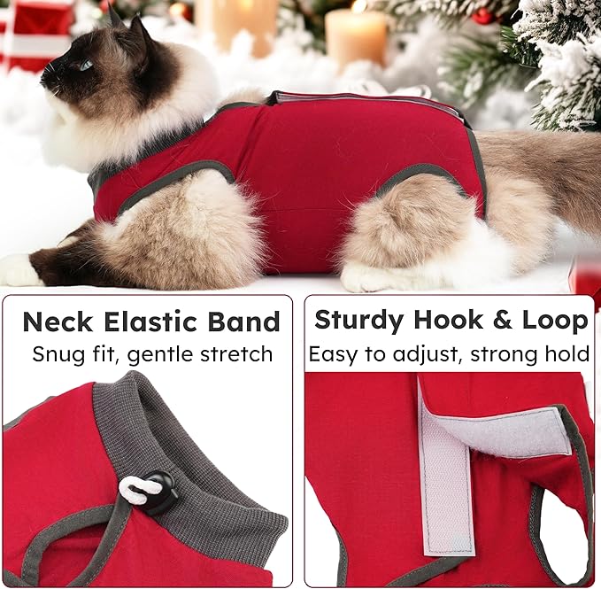 Hpetppy Cat Recovery Suit After Surgery, Breathable Cat Surgery Recovery Suit for Spay Abdominal Wounds or Skin Diseases, E-Collar Alternative Wear for Small Male Female Pets (Red,L)